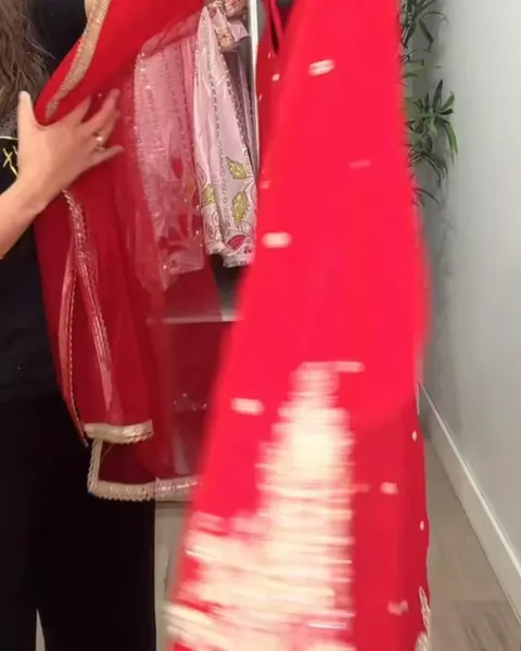 Rose red suit and sheer dupatta held up in the boutique